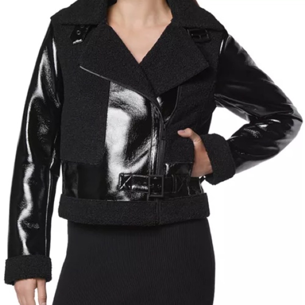Andrew Marc Patent Faux Shearling Jacket